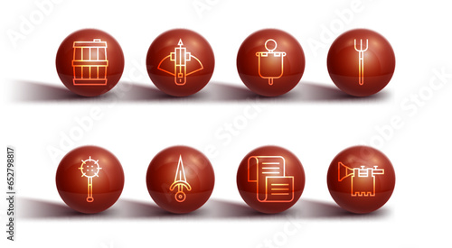 Set line Wooden barrel, Medieval chained mace ball, Garden pitchfork, Decree, parchment, scroll, Dagger, Battle crossbow with arrow, Trumpet flag and icon. Vector