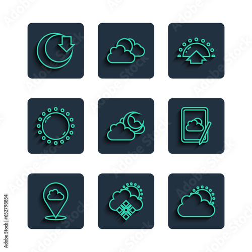 Set line Location cloud, Cloud with snow and sun, Sun weather, Sunrise, moon, Moon and Weather forecast icon. Vector
