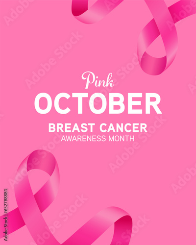 Pink October, Breast cancer awareness month. Campaign banner with pink ribbon background. Vector illustration.