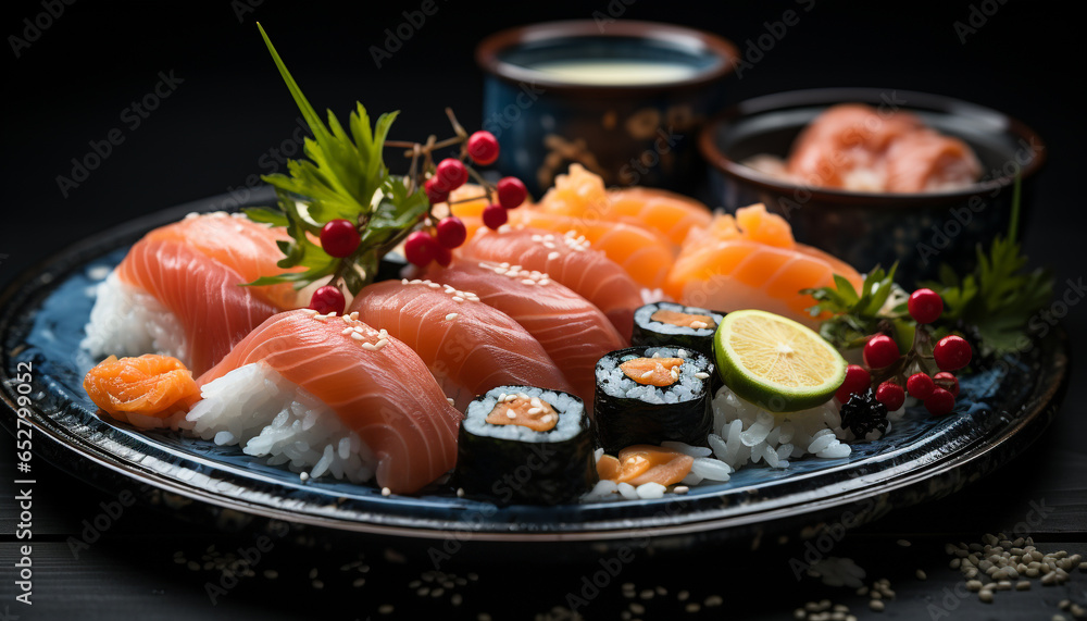 Freshness and cultures on a plate, sashimi and maki sushi generated by AI Freshness and cultures on a plate, sashimi and maki sushi generated by AI