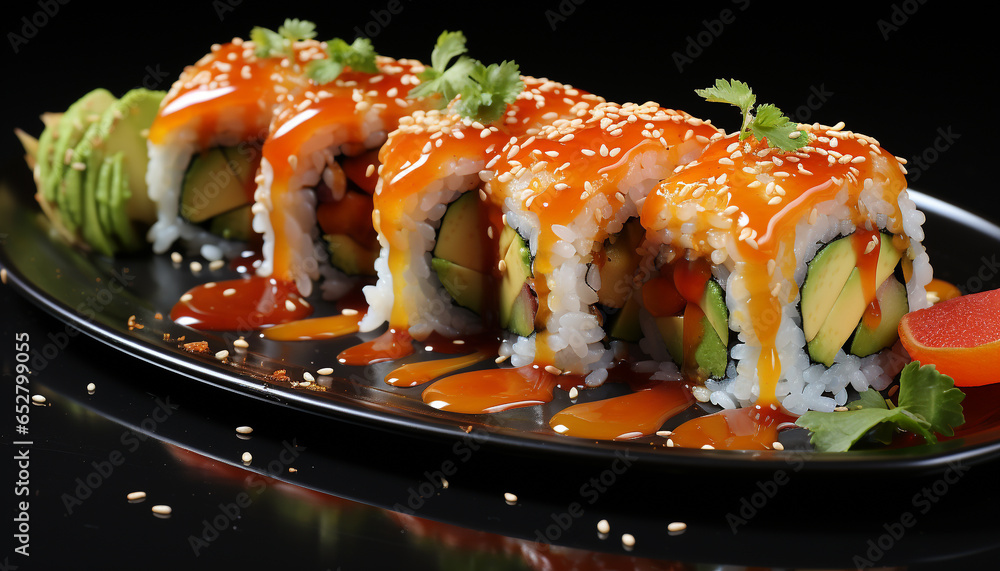 Freshness and cultures rolled up on a plate of maki sushi generated by AI Freshness and cultures rolled up on a plate of maki sushi generated by AI