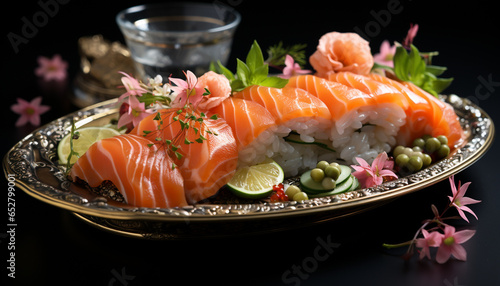 Freshness on a plate Sashimi, nigiri, maki sushi, seafood delight generated by AI