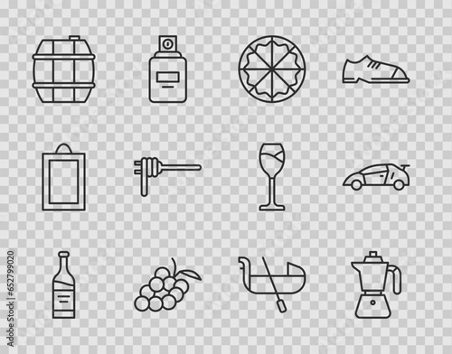 Set line Bottle of wine, Coffee moca pot, Pizza, Grape fruit, Barrel for, Pasta spaghetti, Gondola and Sport racing car icon. Vector