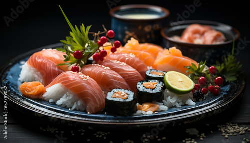 Freshness and cultures on a plate, sashimi and maki sushi generated by AI
