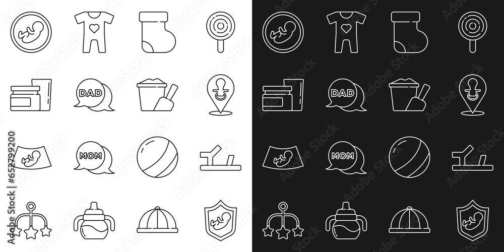 Set line Baby on shield, shoes, dummy pacifier, socks clothes, Speech bubble dad, food, and Sand in bucket with shovel icon. Vector