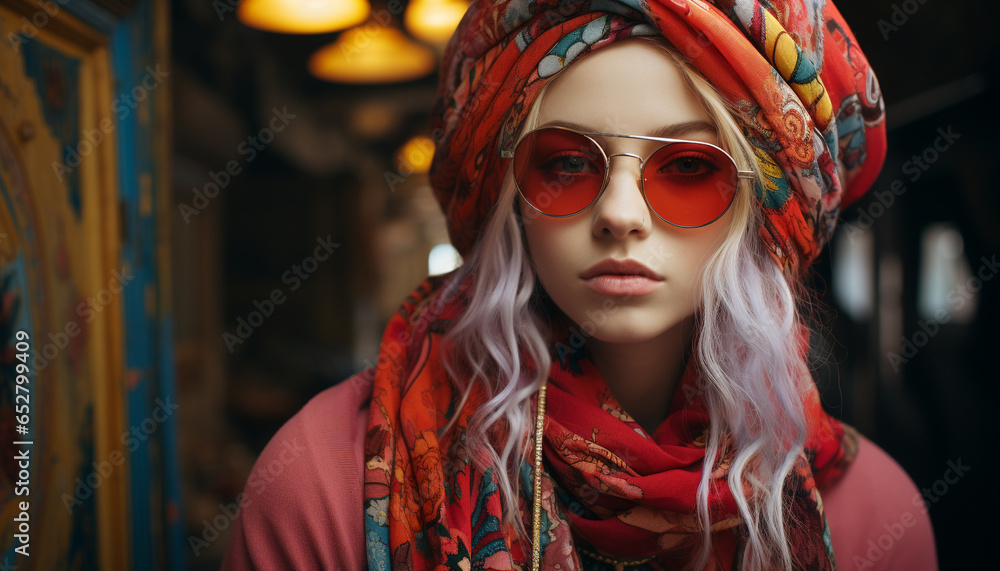 Beautiful woman in sunglasses exudes elegance and fashionable sensuality generated by AI