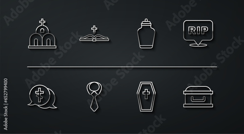Set line Church building, Grave with cross, Speech bubble rip death, Coffin, Tie, Holy bible book, and Funeral urn icon. Vector