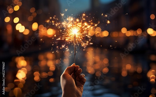Hand holding fireworks to celebrate new year party on dark background with gold glittering light and bokeh