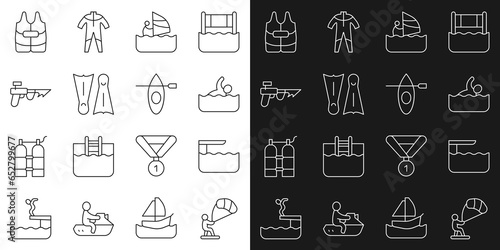 Set line Kitesurfing, Diving board or springboard, Swimmer, Windsurfing, Flippers for swimming, Fishing harpoon, Life jacket and Kayak and paddle icon. Vector