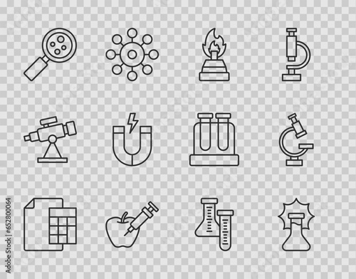 Set line Calculator, Explosion in the flask, Alcohol spirit burner, Genetically modified apple, Microorganisms under magnifier, Magnet, Test tube and Microscope icon. Vector