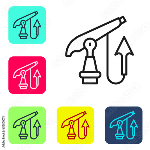 Black line Fishing harpoon icon isolated on white background. Fishery manufacturers for catching fish under water. Diving underwater equipment. Set icons in color square buttons. Vector