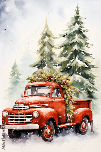 Watercolor Christmas Truck Digital Papers, Christmas Backgrounds, Xmas Red Truck Clipart, Winter Junk Journal Kit, Journal Digital Papers