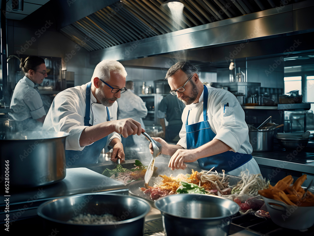 chefs creating food in a industrial kitchen smiling and being happy chefs creating food in a industrial kitchen smiling and being happy