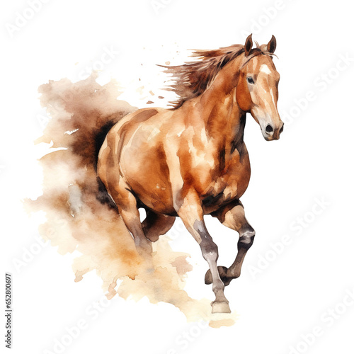 Watercolor running horse isolated on white background. Aquarelle painting illustration. Isolated cutout on transparent or white background.