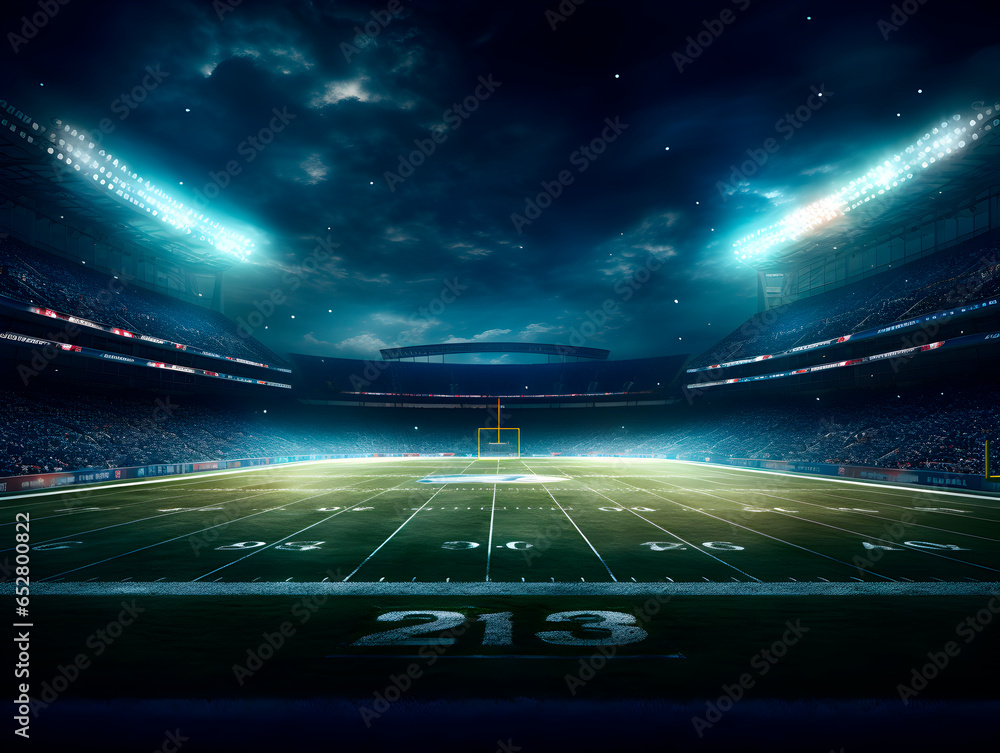 American football field at night underneath stadium lights - obrazy, fototapety, plakaty 