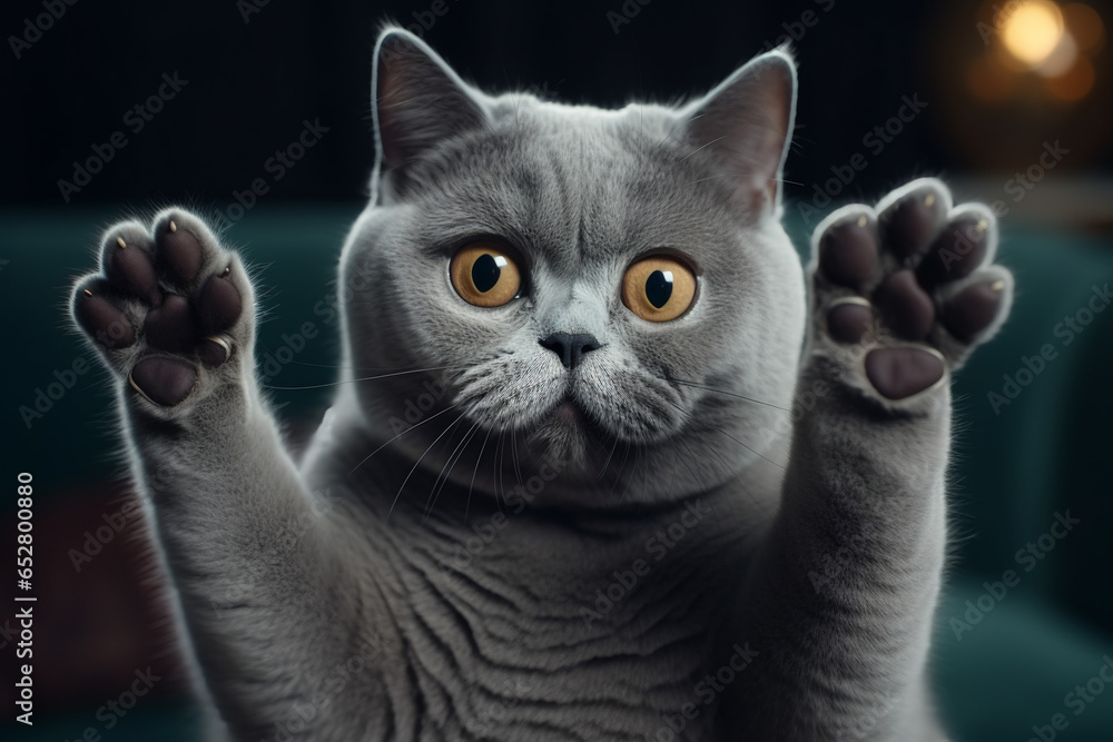 pov of a british shorthair grey cat looking into the screen with paws up