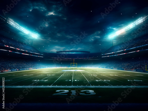 American football field at night underneath stadium lights photo