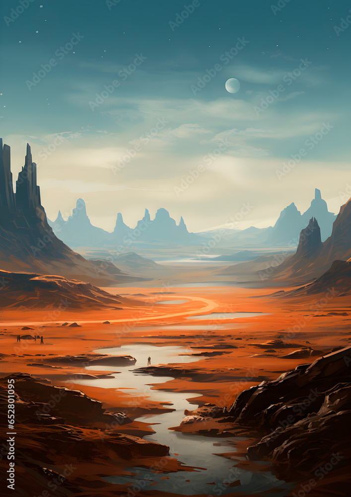 Vast open scifi landscape with vibrant colors and beautiful skies