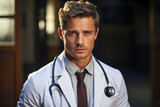 Portrait of handsome male doctor in white coat with stethoscope. 