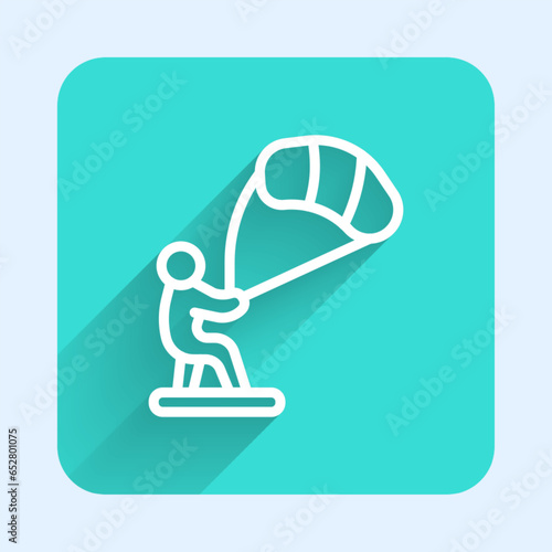 White line Kitesurfing icon isolated with long shadow background. Green square button. Vector