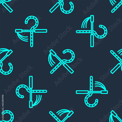 Green line Crook and flail icon isolated seamless pattern on blue background. Ancient Egypt symbol. Scepters of egypt. Vector