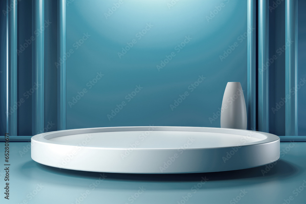 White cylindrical podium for demonstration or display of cosmetic products on a blue background White cylindrical podium for demonstration or display of cosmetic products on a blue background