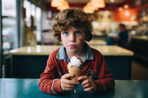 Autism kids having ice cream, Ice cream and mental health, picky eating, over thinking kid having ice cream cone, messy hair boy eating ice cream, child mental illness concept photography