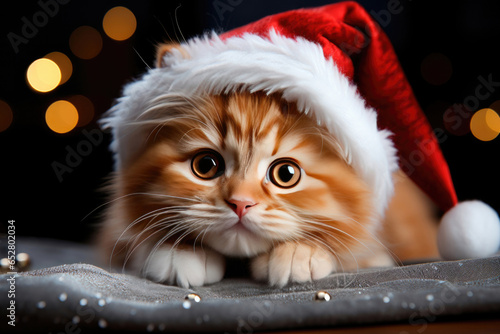 Cute ginger red kitten wearing santa claus hat