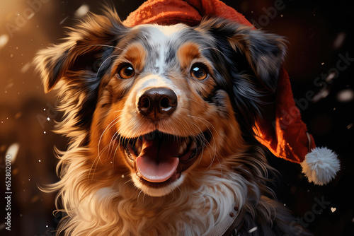 Happy dog in a santa claus hat against the background of holiday lights © Sunshine