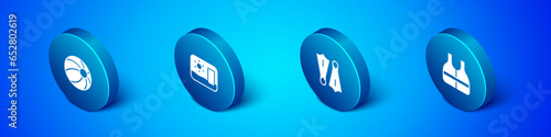 Set Isometric Beach ball, Rubber flippers for swimming, Life jacket and Travel postcard icon. Vector