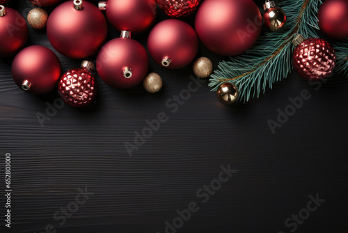 Christmas flat lay. Red Christmas balls and Christmas tree branch with copy space