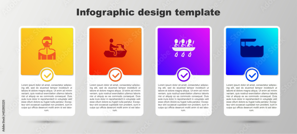 Set Wetsuit for scuba diving, Jet ski, Canoe rowing team sports and Diving board springboard. Business infographic template. Vector Set Wetsuit for scuba diving, Jet ski, Canoe rowing team sports and Diving board springboard. Business infographic template. Vector