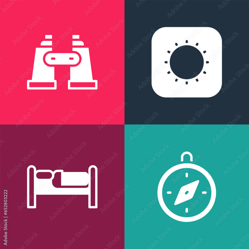 Set pop art Compass, Bed, Sun and Binoculars icon. Vector Set pop art Compass, Bed, Sun and Binoculars icon. Vector