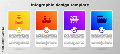 Set Wetsuit for scuba diving, Jet ski, Canoe rowing team sports and Diving board springboard. Business infographic template. Vector