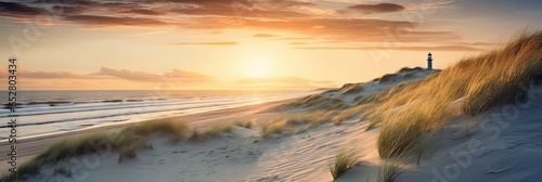 Golden serenity. Tranquil evening on sandy coast. Coastal dreams. Sun kissed dunes by sea. Horizon haven. Embracing beauty of north sea © Thares2020
