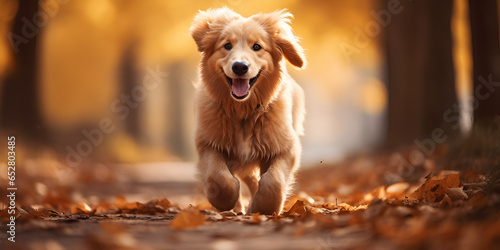 Dog golden retriever jumping through autumn leaves in autumnal sunlight, A beautiful family of dachshund dogs on a beautiful natural background The dog is walking in the pa, generative AI  © Asad