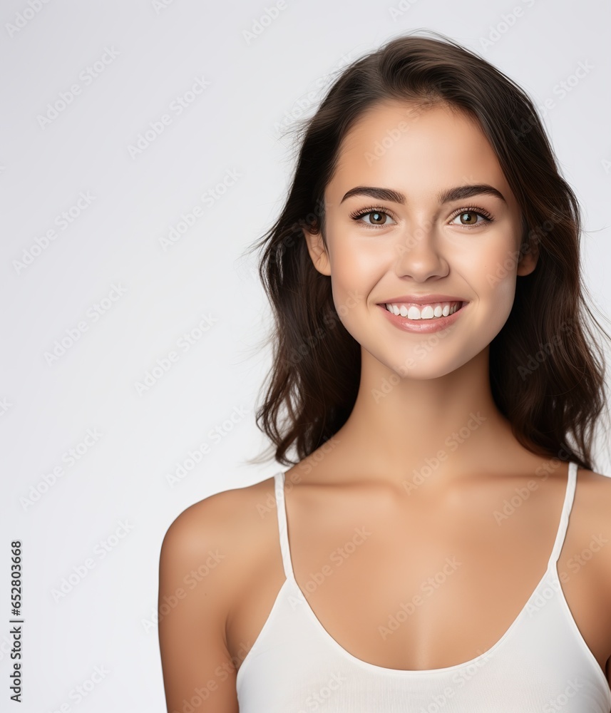 Portrait of young happy woman looks in camera. Skin care beauty, skincare cosmetics, dental concept isolated over white background. Portrait of young happy woman looks in camera. Skin care beauty, skincare cosmetics, dental concept isolated over white background.