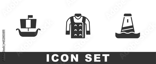 Set Viking ship Drakkar, Sweater and Lighthouse icon. Vector