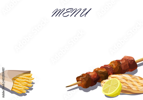 Popular Greek souvlaki. Traditional fast food: pork skewer with fresh lemon, fluffy grilled pita and french fries.
