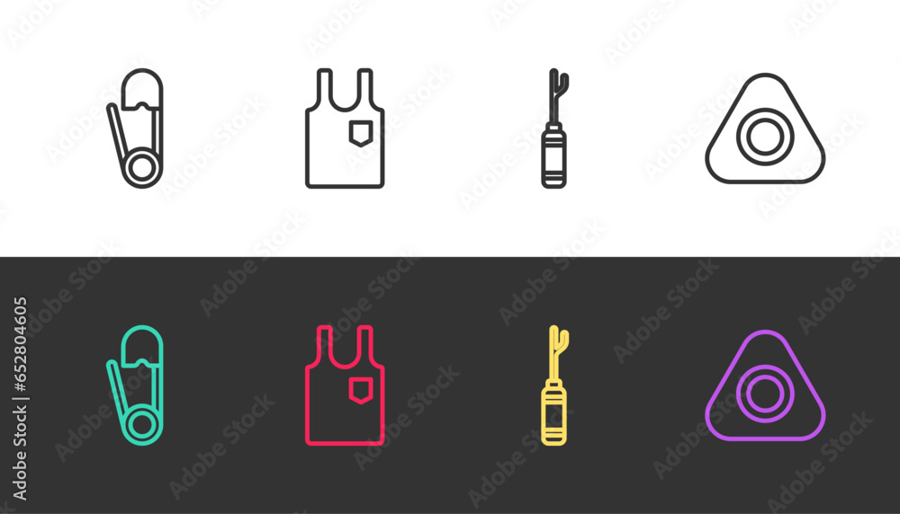 Set line Safety pin, Sleeveless T-shirt, Awl tool and Sewing chalk on black and white. Vector Set line Safety pin, Sleeveless T-shirt, Awl tool and Sewing chalk on black and white. Vector
