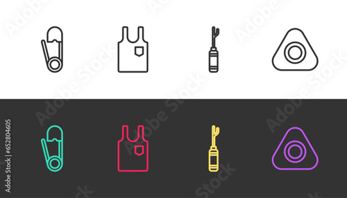 Set line Safety pin, Sleeveless T-shirt, Awl tool and Sewing chalk on black and white. Vector