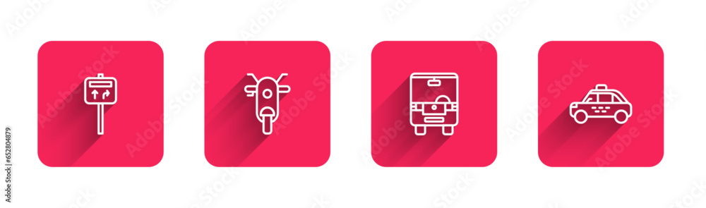Set line Road traffic signpost, Scooter, Bus and Taxi car with long shadow. Red square button. Vector Set line Road traffic signpost, Scooter, Bus and Taxi car with long shadow. Red square button. Vector