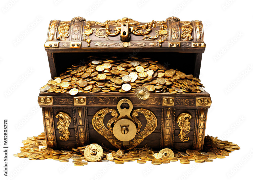Open treasure chest full of gold coins isolated on transparent background. PNG file, cut out - obrazy, fototapety, plakaty 