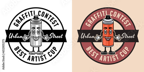 Graffiti contest vector emblems, badges, labels or logos with spray paint can smiling character in two styles black on white and colored