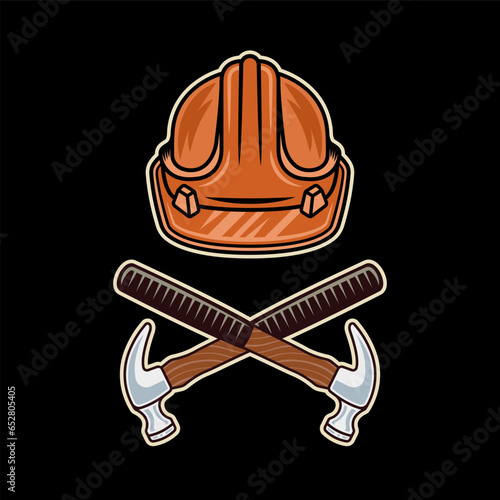 Hard hat and claw hammer vector objects in colored style on dark background