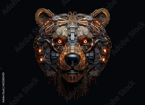Image of bear face made with electronic components on clean background. Wildlife Animals. Illustration, Generative AI.