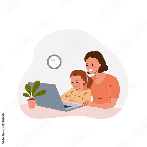 Mother and child look at a laptop. Mother helping daughter study online. Vector cartoon flat style illustration