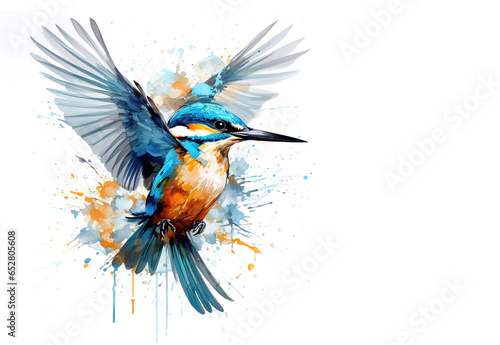 Image of beautiful watercolor painting of common kingfisher flying. Bird, Wildlife Animals, Illustration, Generative AI. photo