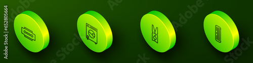 Set Isometric line Blade razor, Washer, Clothes pin and Hairbrush icon. Vector