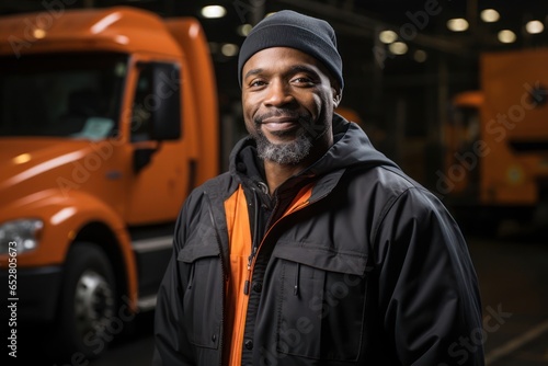Black Man Industrial Truck Operator Employee Job Work Environment Backdrop Generative AI © Johnathan